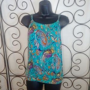 Twenty One drawstring neck go to  turquoise print top M